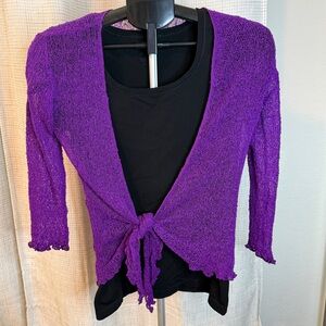 Purple Tie-Front Open Weave Sweater